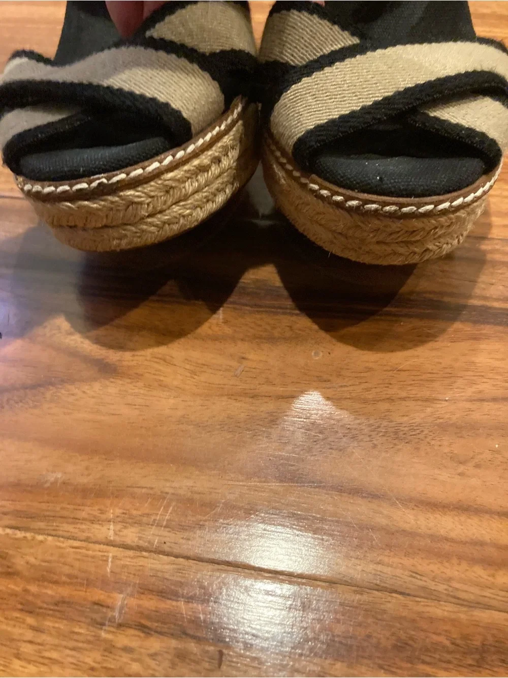 TORY BURCH  Black & Cream Contrast Elastic Espadrille Wedges Women's 7B